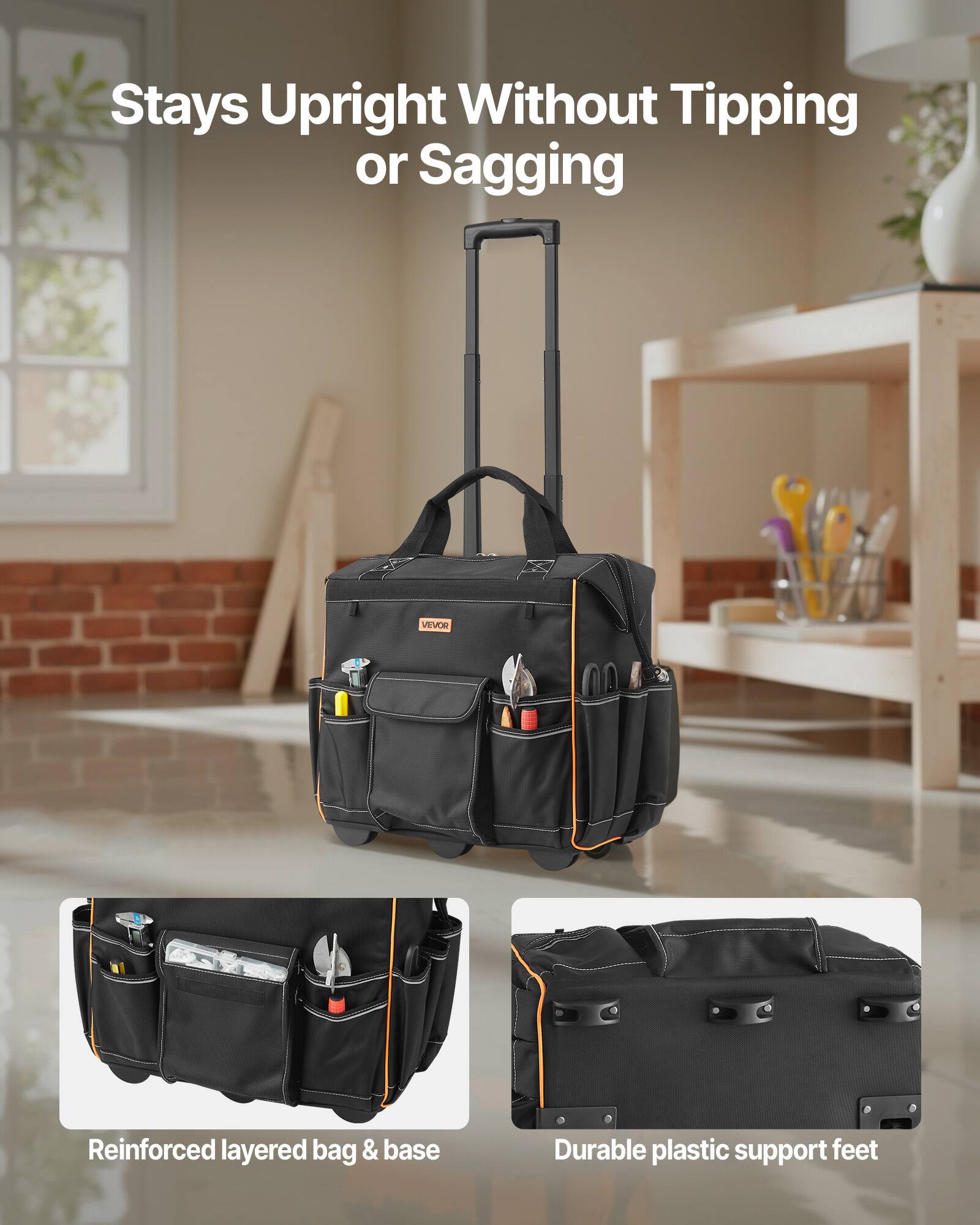 Stays Upright Without Tipping or Sagging

Reinforced layered bag & base

Durable plastic support feet