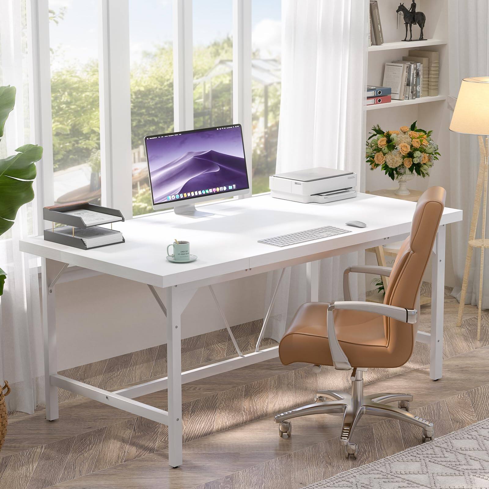 Left. Aheaplus - 63" Heavy Duty Computer Desk: 1.4" Wood Desktop & Metal Frame, 2-Person Workstation for Home Office - White.