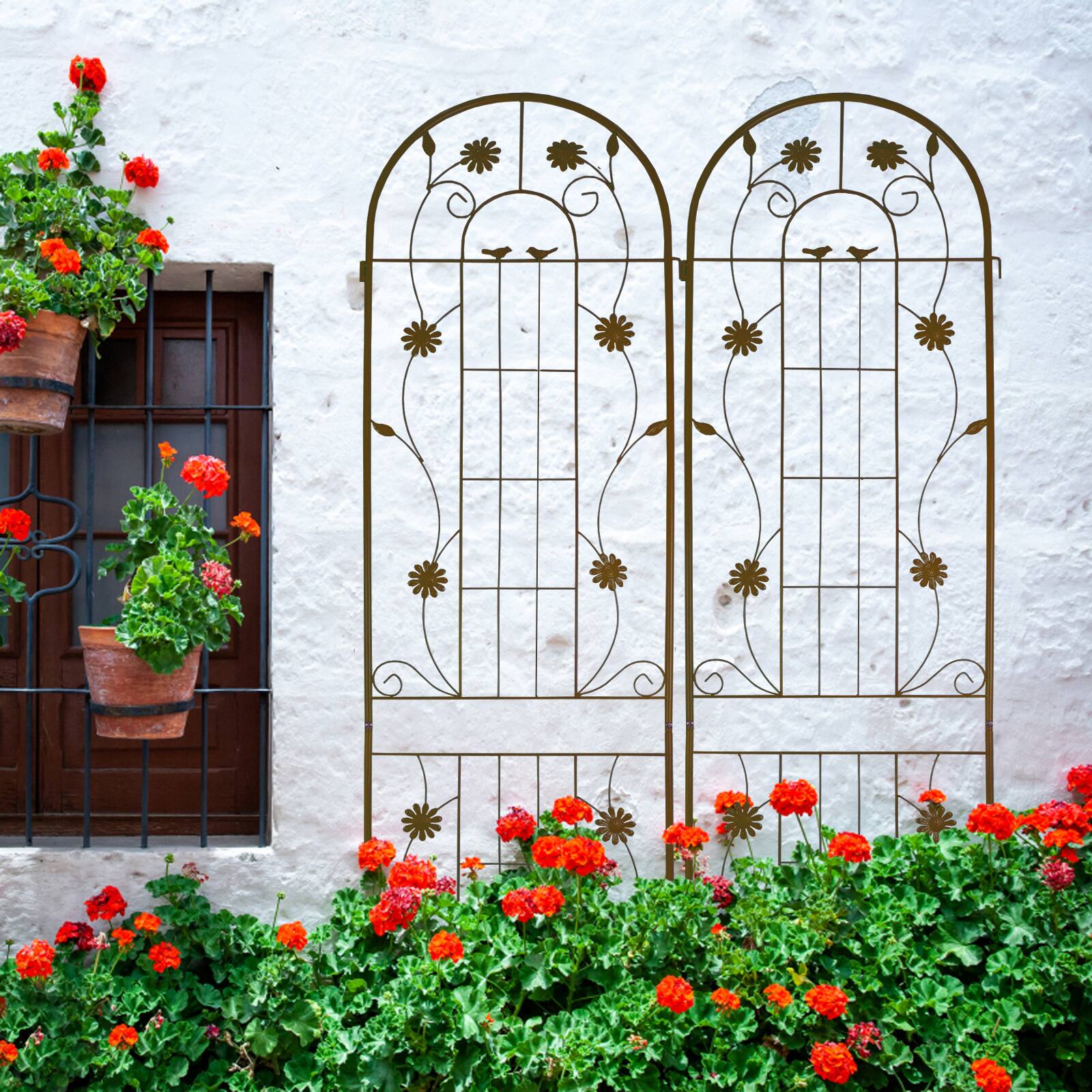 Alt View 4. Loheer - 2 Pack Rustproof Metal Garden Trellis 7.2 ft x 1.6 ft for Climbing Plants Outdoor - Brown.