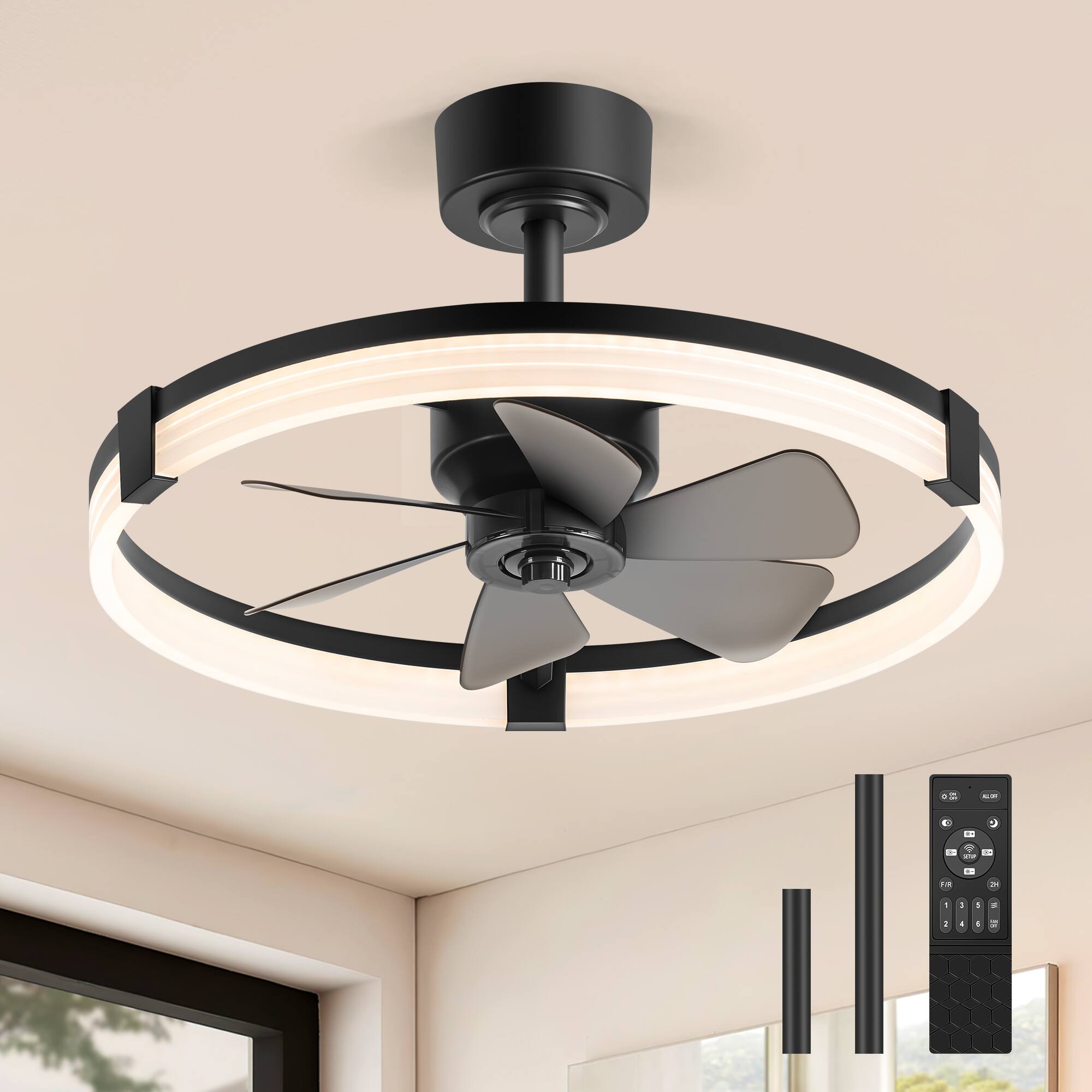 Back. Breezary - 23-Inch Detachable Enclosed Ceiling Fan with LED Light, Remote, Reversible DC Motor, 6 Blades & Dimmable Lighting - Black and Slate Blue.