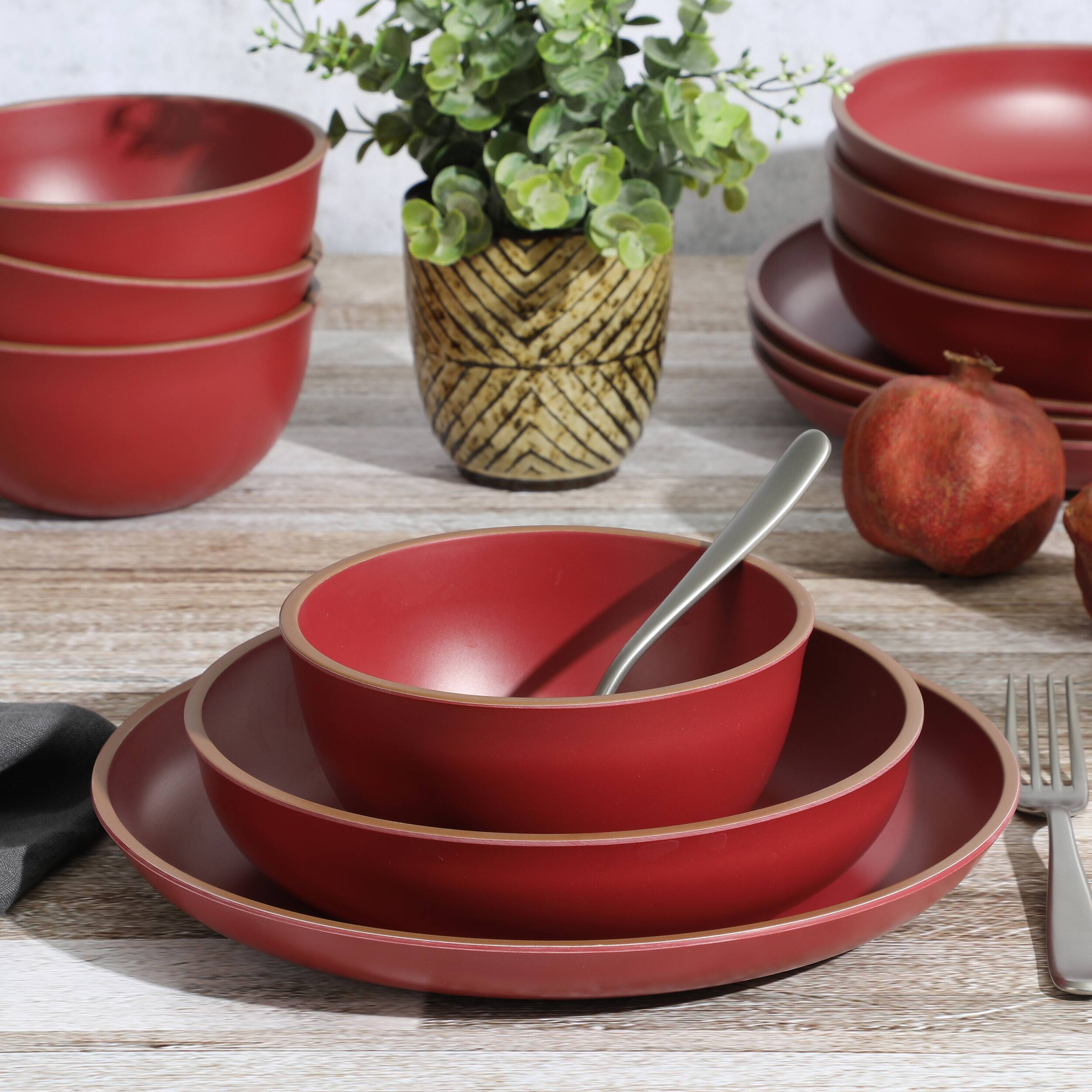 Alt View 8. Gibson - Gibson Home Rockabye 12 Piece Double Bowl Malemine Dinnerware Set in Red - Red.