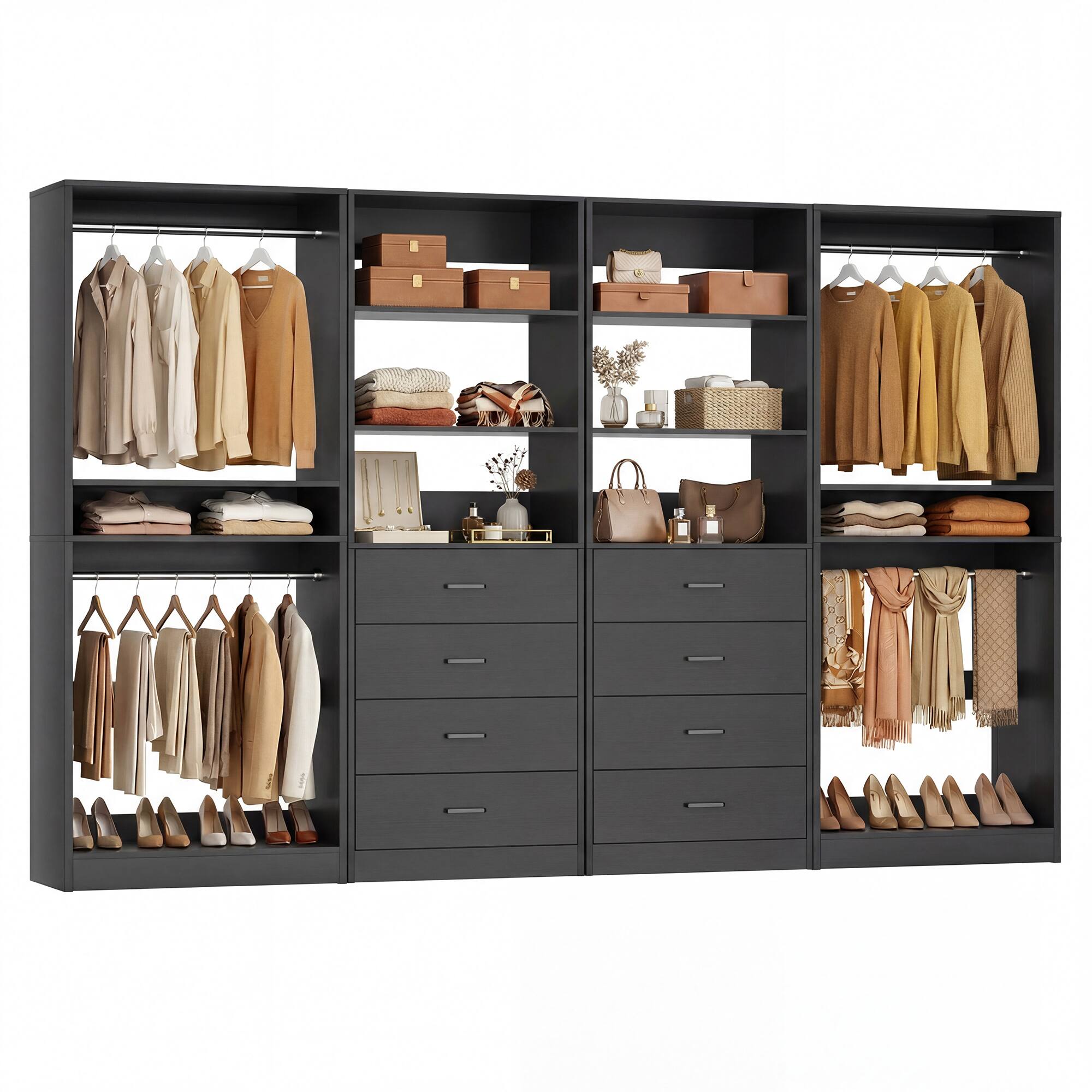 Left. Aheaplus - 92.6" Walk-in Closet Organizer System with 8 Drawers and 4 Hanging Rods, 4 Piece Set - Black.