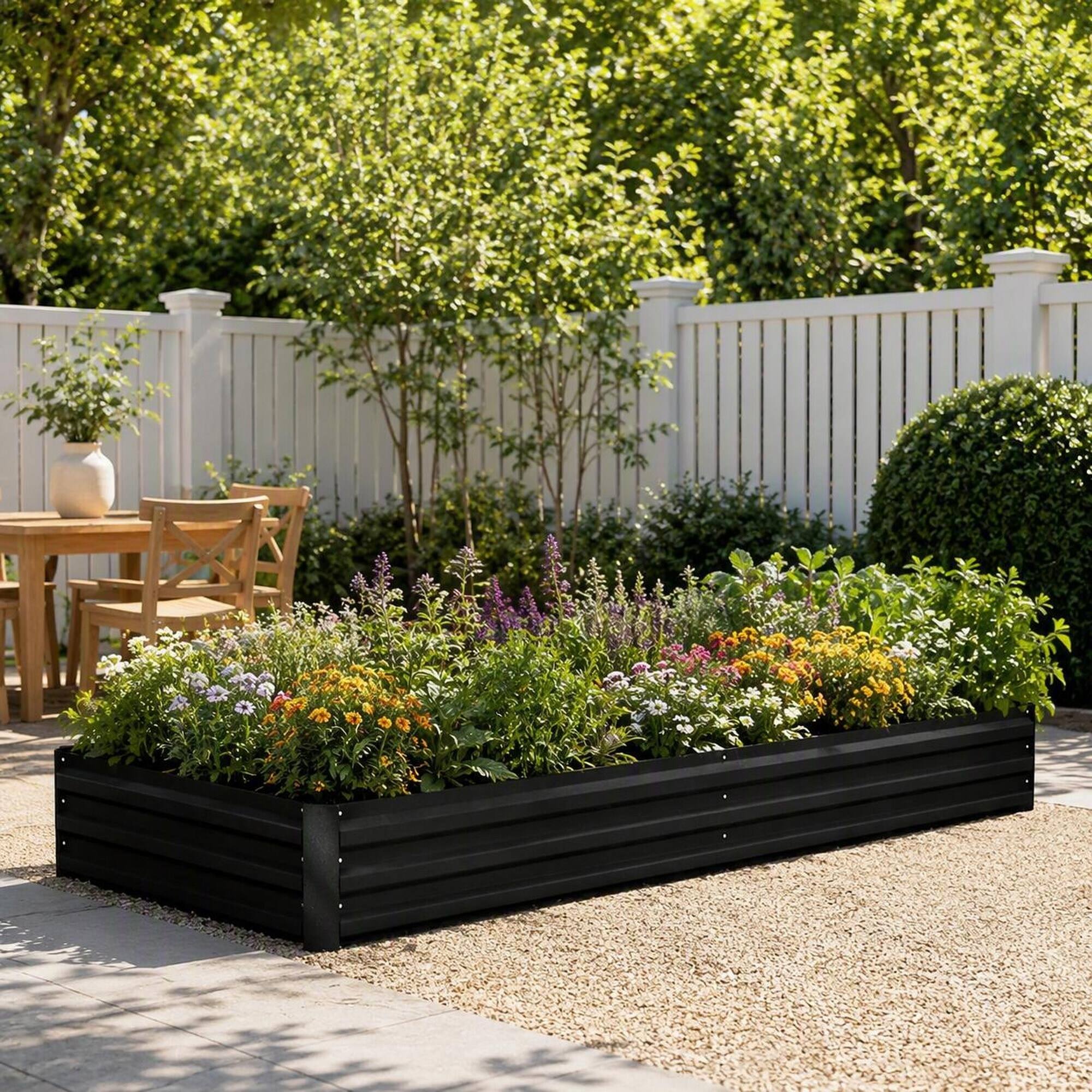 Back. RYHNUYNE - Galvanized Steel Raised Garden Bed 95x35.75x11.75 Inch Black Metal Planter Box for Vegetables Flowers - Black.