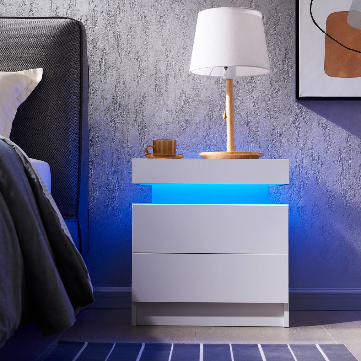 Alt View 4. Meqiodas - Nightstand LED Bedside Table Cabinet Lights Modern End Side with 2 Drawers for Bedroom - White.