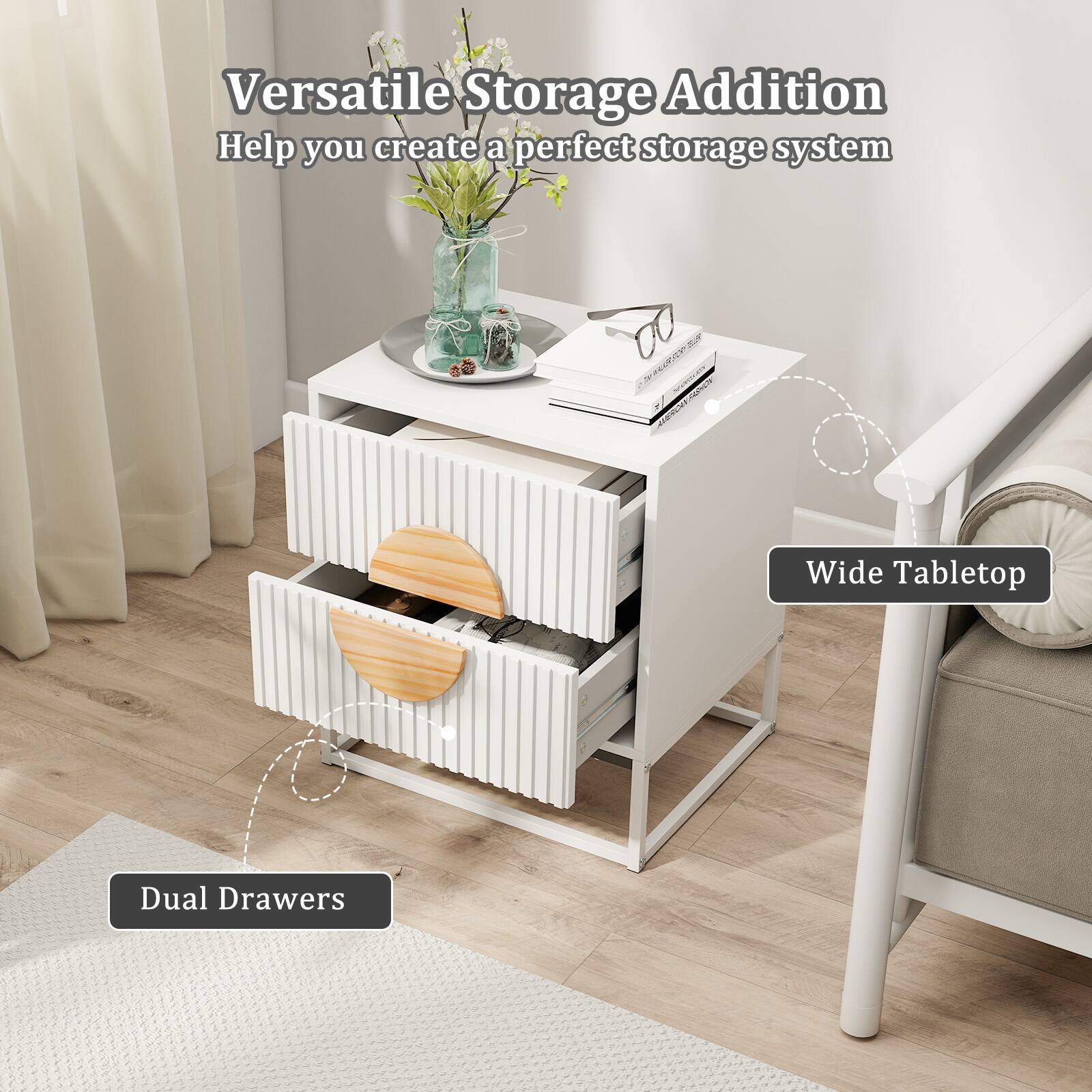 Versatile Storage Addition  
Help you create a perfect storage system  

Wide Tabletop  
Dual Drawers