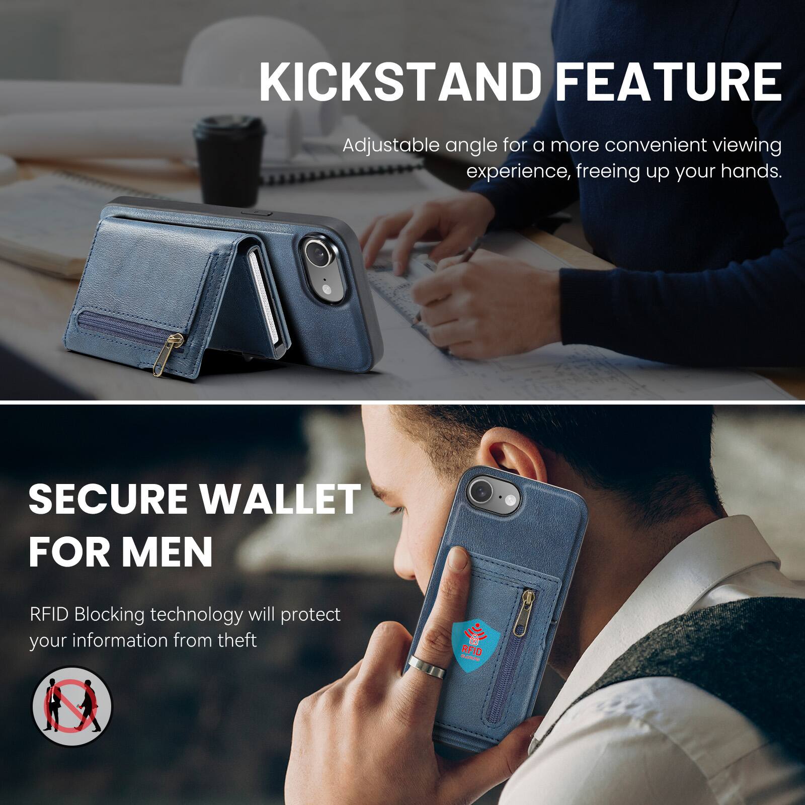 KICKSTAND FEATURE  
Adjustable angle for a more convenient viewing experience, freeing up your hands.  

SECURE WALLET FOR MEN  
RFID Blocking technology will protect your information from theft