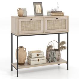 Costway - Rattan Console Table with 2 Rattan Drawers & Open Storage Shelf Metal Legs - Oak