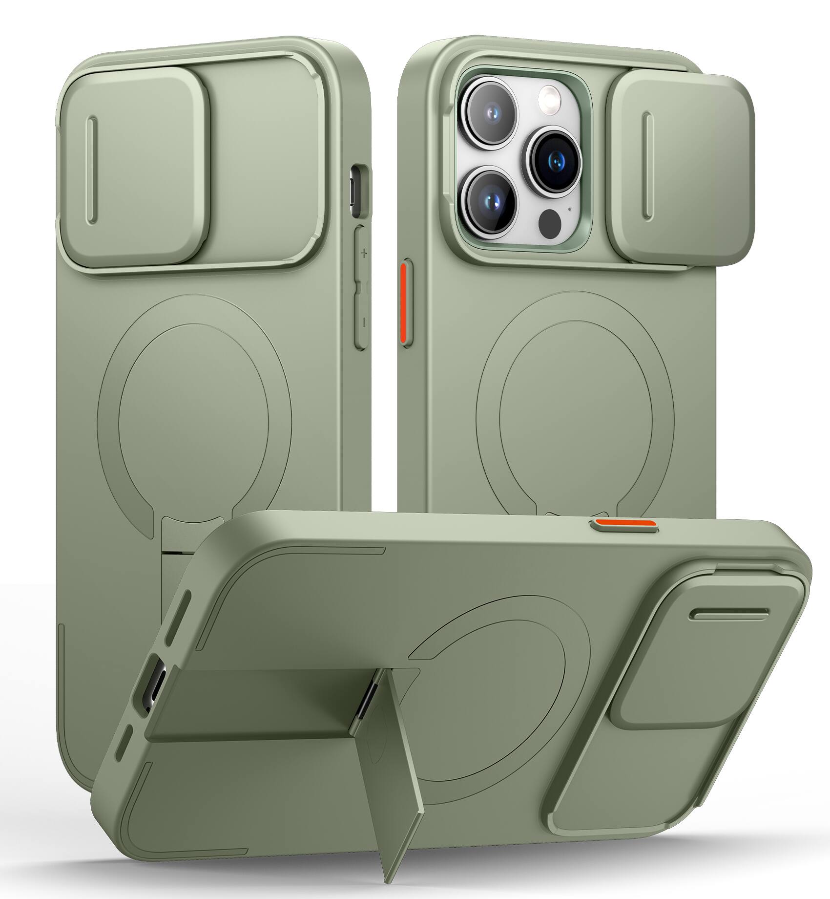 Angle. SURITCH - Bumper Case for iPhone 14 Pro Max with Camera Cover, Kickstand,Compatible with MagSafe, Shockproof Slim Protective Cover - Khaki Green.
