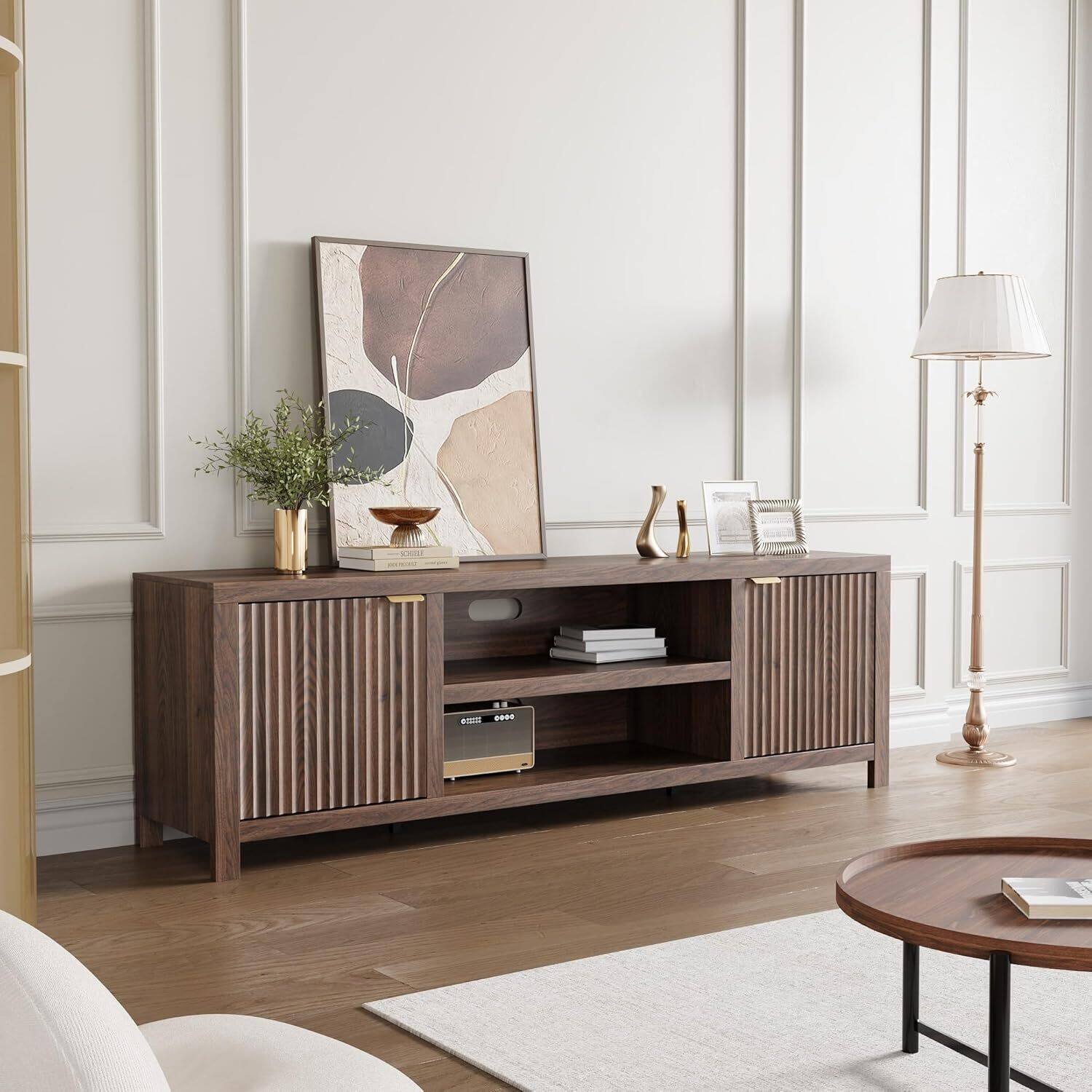 Front. GARVEE - Fluted TV Stand for 80 inch TV, 2-Tier Media Cabinet with Adjustable Shelves, Walnut - Walnut.