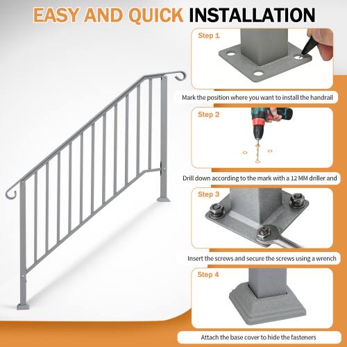 EASY AND QUICK INSTALLATION

Step 1: Mark the position where you want to install the handrail

Step 2: Drill down according to the mark with a 12 MM driller

Step 3: Insert the screws and secure the screws using a wrench

Step 4: Attach the base cover to hide the fasteners