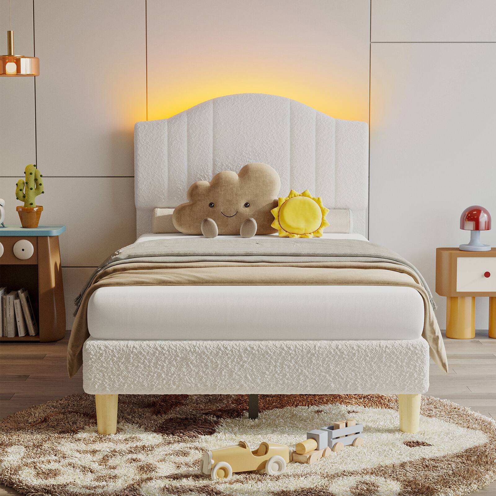 Left. Pinmoco - Pinmoco - Upholstered Platform Bed Frame with Adjustable LED Arc Headboard - Fabric White.