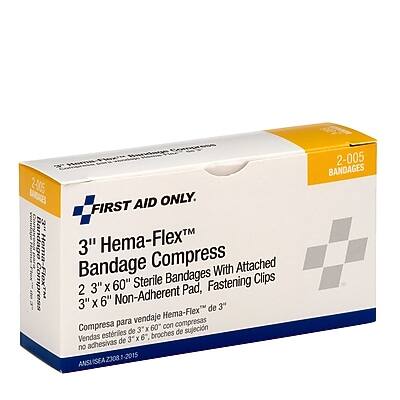 2005 BANDAGES ONLY

FIRST AID ONLY

3" Hema-Flex™ Bandage Compress
3" x 6" Non-Adherent Pad, 60" Sterile Bandages, Fastening Clips

Compressa para vendaje Hema-Flex™ de 3" x 6" con compresas estériles de 3" x 60" y sujetadores

ANSI/SEA 2003-2015

Z308-2015