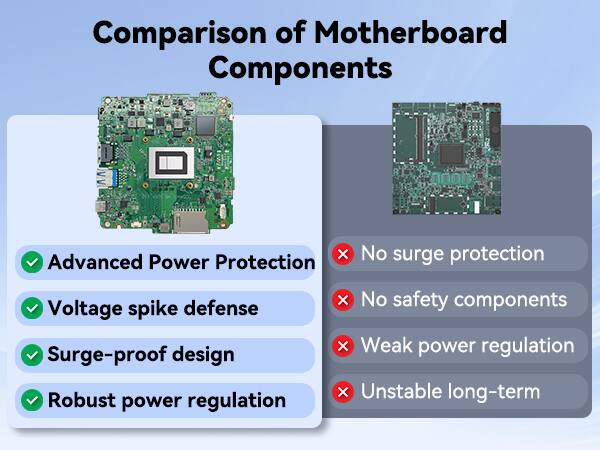 Comparison of Motherboard Components

- Advanced Power Protection
- Voltage spike defense
- Surge-proof design
- Robust power regulation

- No surge protection
- No safety components
- Weak power regulation
- Unstable long-term