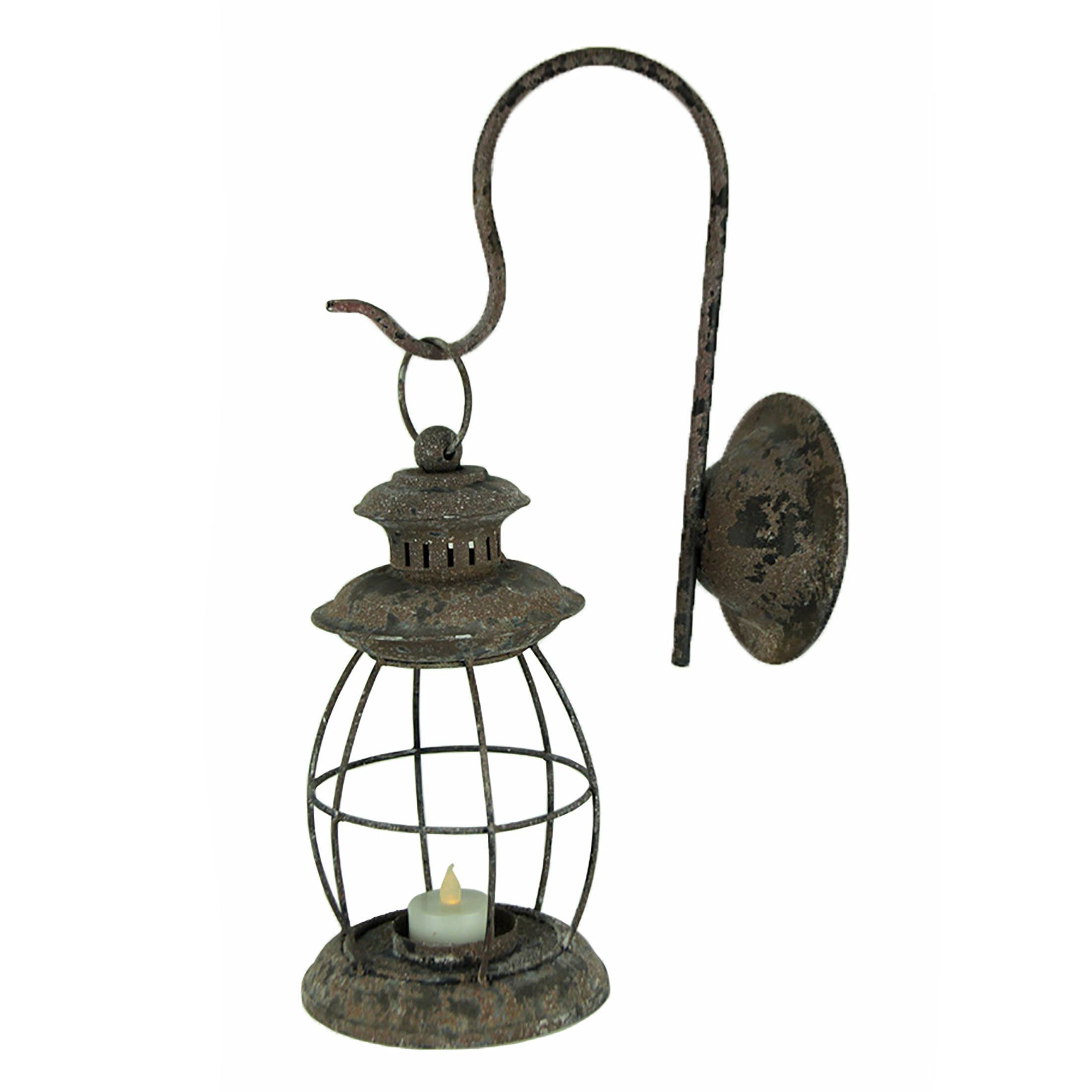 Alt View 1. Zeckos - Distressed Metal Wall Mounted Railroad Lantern Hanging Candle Sconce Black - White.