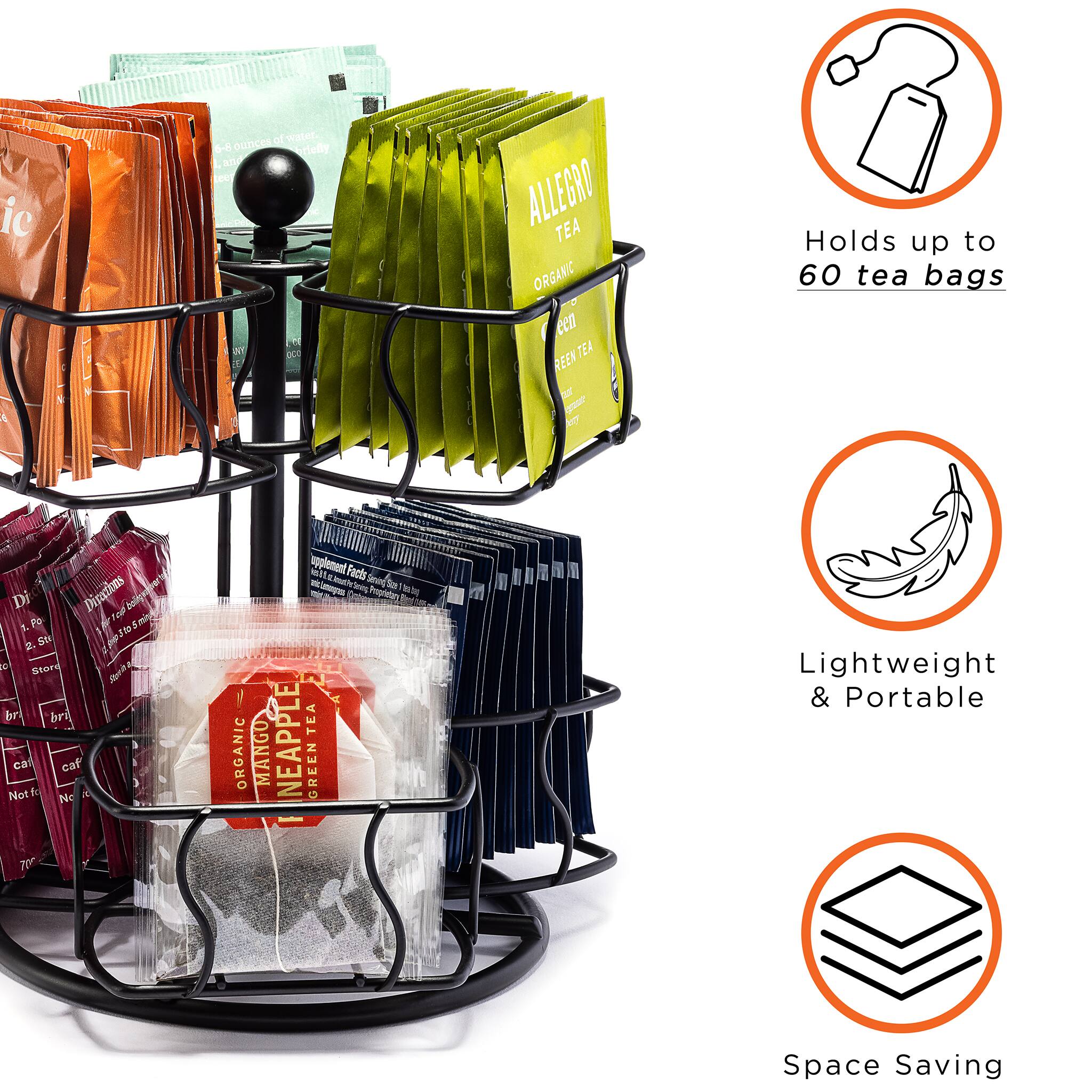 - Holds up to 60 tea bags
- Lightweight & Portable
- Space Saving
