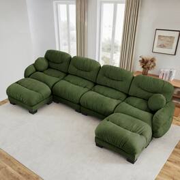 Anysun - 4-Seater U Shape Sectional Couch with 2 Ottomans, Chenille Fabric, High-Density Foam & Curved Armrests for Living Room - Green