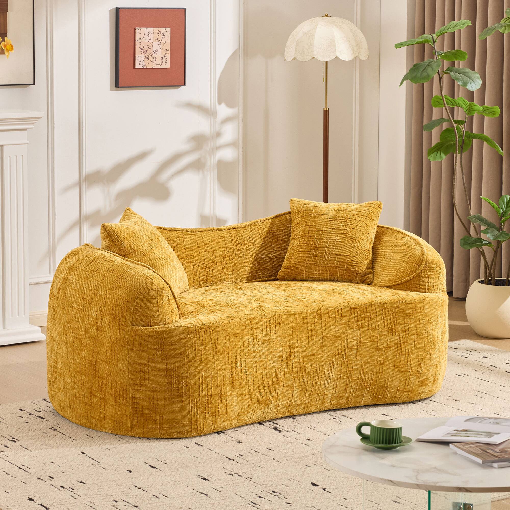 Alt View 4. GOODSILO - Curved Two-Person Compression Sofa with Pillows for Small Spaces - Yellow.
