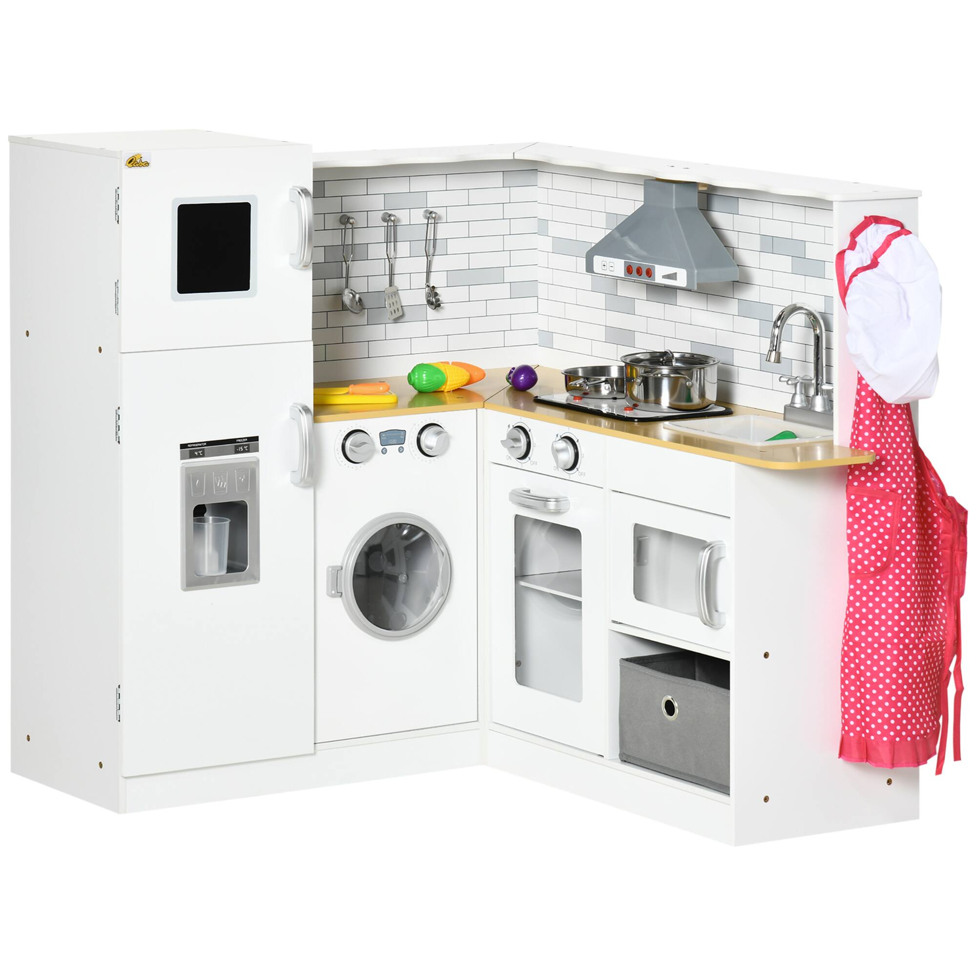 Front. Ecooso - Corner Pretend Play Kitchen Set with Sound Effects, Wooden Kids Kitchen with Washer, Ice Maker, and Food Toys - White.