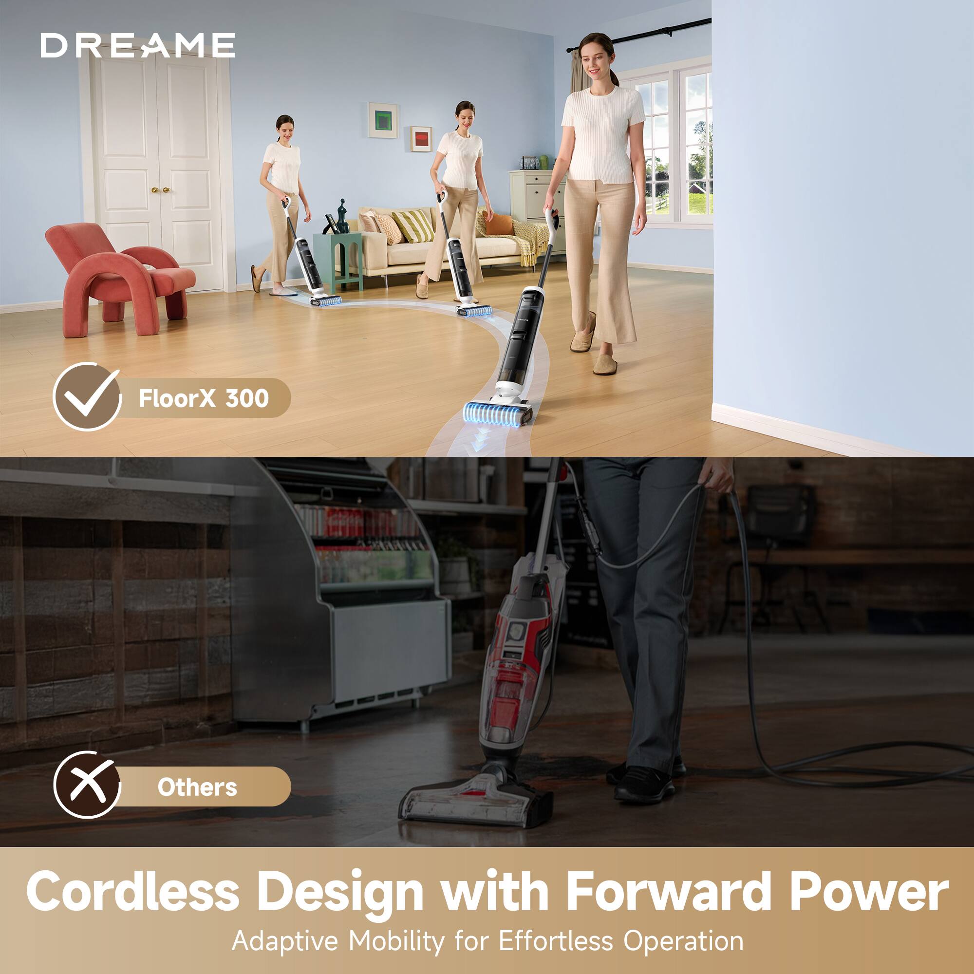 DREAME FloorX 300 Cordless Design with Forward Power Adaptive Mobility for Effortless Operation Others