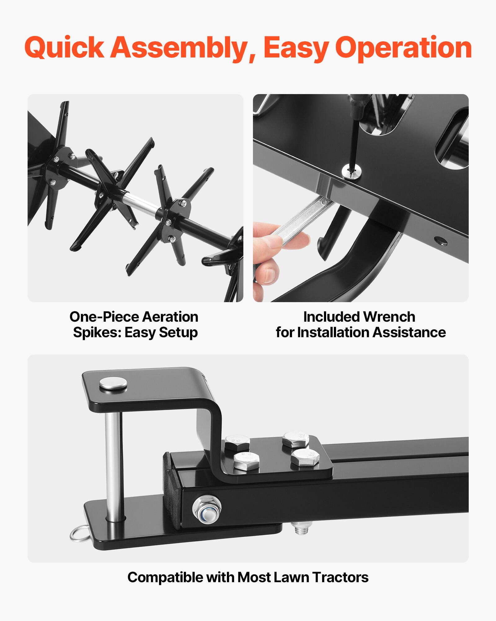 Quick Assembly, Easy Operation

One-Piece Aeration Spikes: Easy Setup

Included Wrench for Installation Assistance

Compatible with Most Lawn Tractors