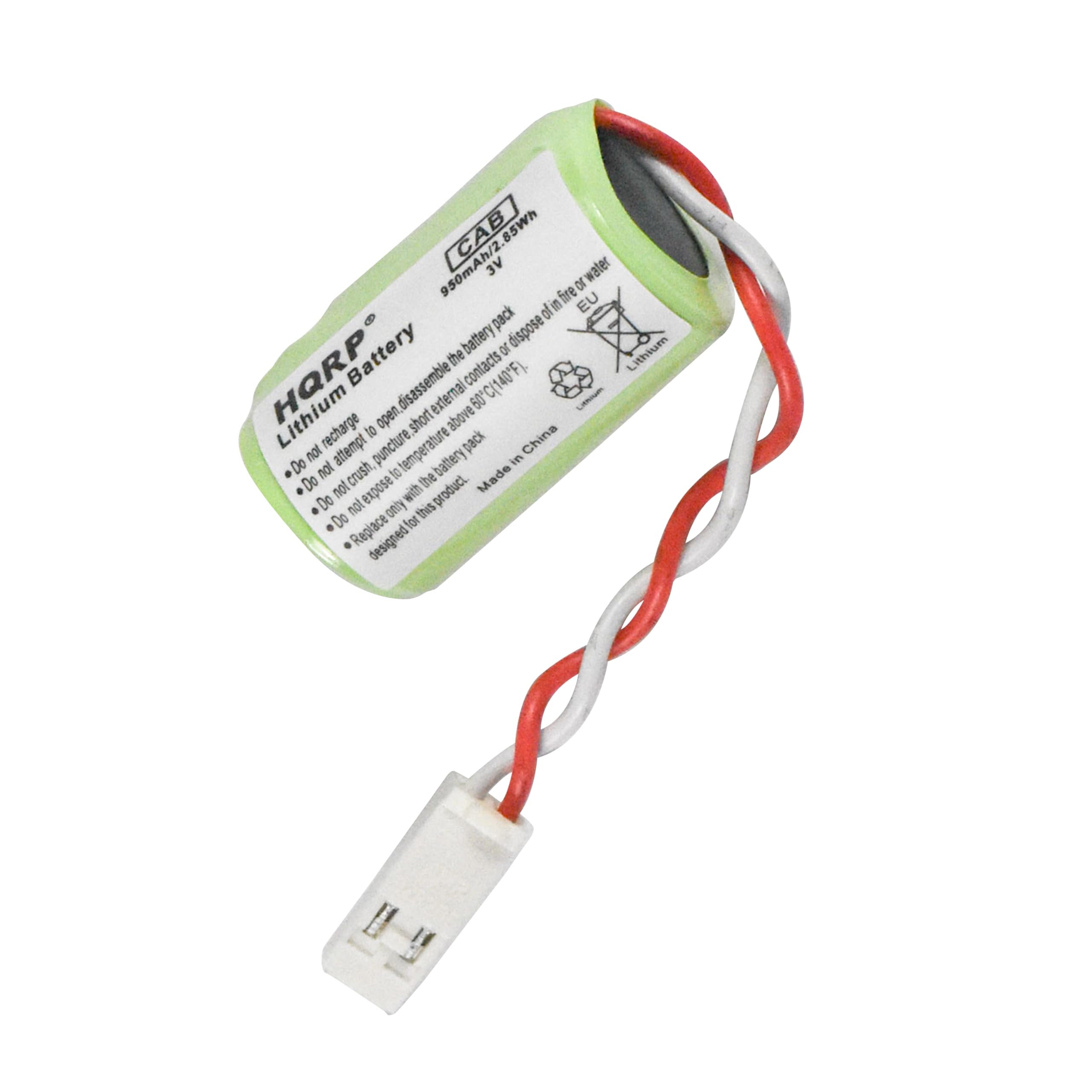 CAB 85Wh 950mAh/2 3V water or fire EU pack of battery or dispose HQRP Battery the contacts F Lithium disassemble 140 external 60 CI Lithium recharge attempt to puncture open temperature e short above pack China not battery in Do Ion crush to Do not expose with the product. Made Do not only this Do Replace for . designed

---

**Corrected Text:**

- CAB 85Wh 950mAh/2 3V
- Lithium Battery
- Do not recharge
- Do not attempt to disassemble the battery or dispose of it by fire or water
- Do not expose the battery to temperatures above 60°C (140°F)
- Do not crush the battery
- Do not puncture the battery
- Do not short the battery
- Do not expose the battery to temperatures above 60°C (140°F)
- Made in China
- Replace for this product
- Designed for EU

**Additional Information:**

- Lithium
- EU
- Made in China