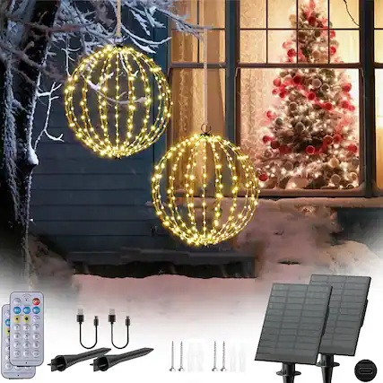 Front. RTMB - Outdoor Christmas Light Balls, Solar Hanging Prelit LED Spheres 16" Foldable Waterproof Globe Decorations for Yard and T - Warm White and Multicolor 2 in 1.