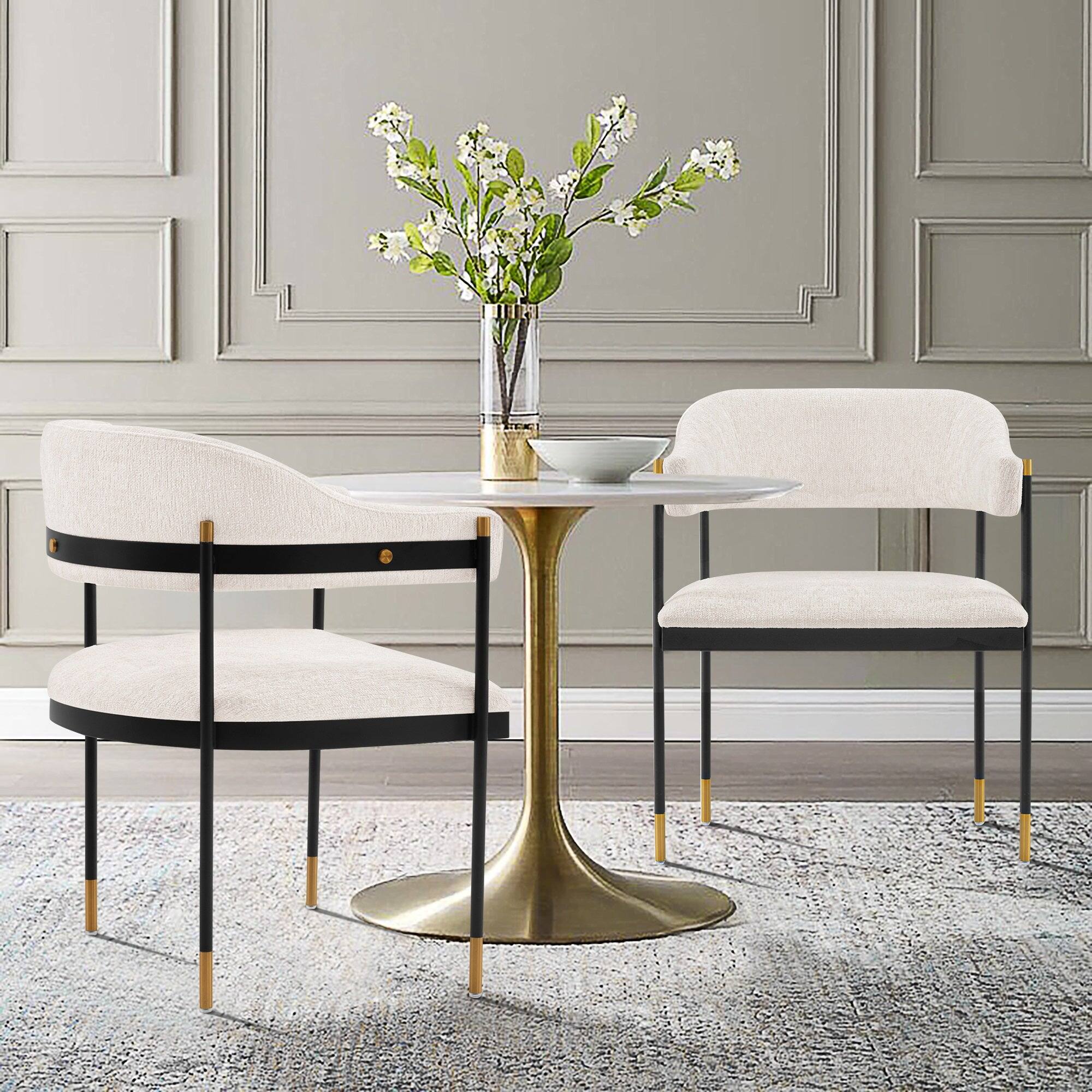 Angle. Manhattan Comfort - Lia Modern Metal Chenille Dining Chair with Arms - Set of 2 - Cream.