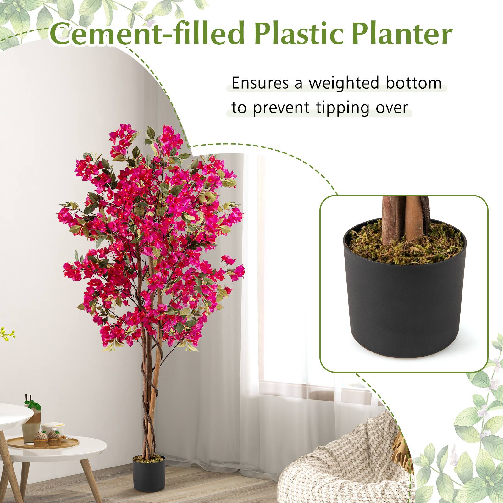 Cement-filled Plastic Planter  
Ensures a weighted bottom to prevent tipping over