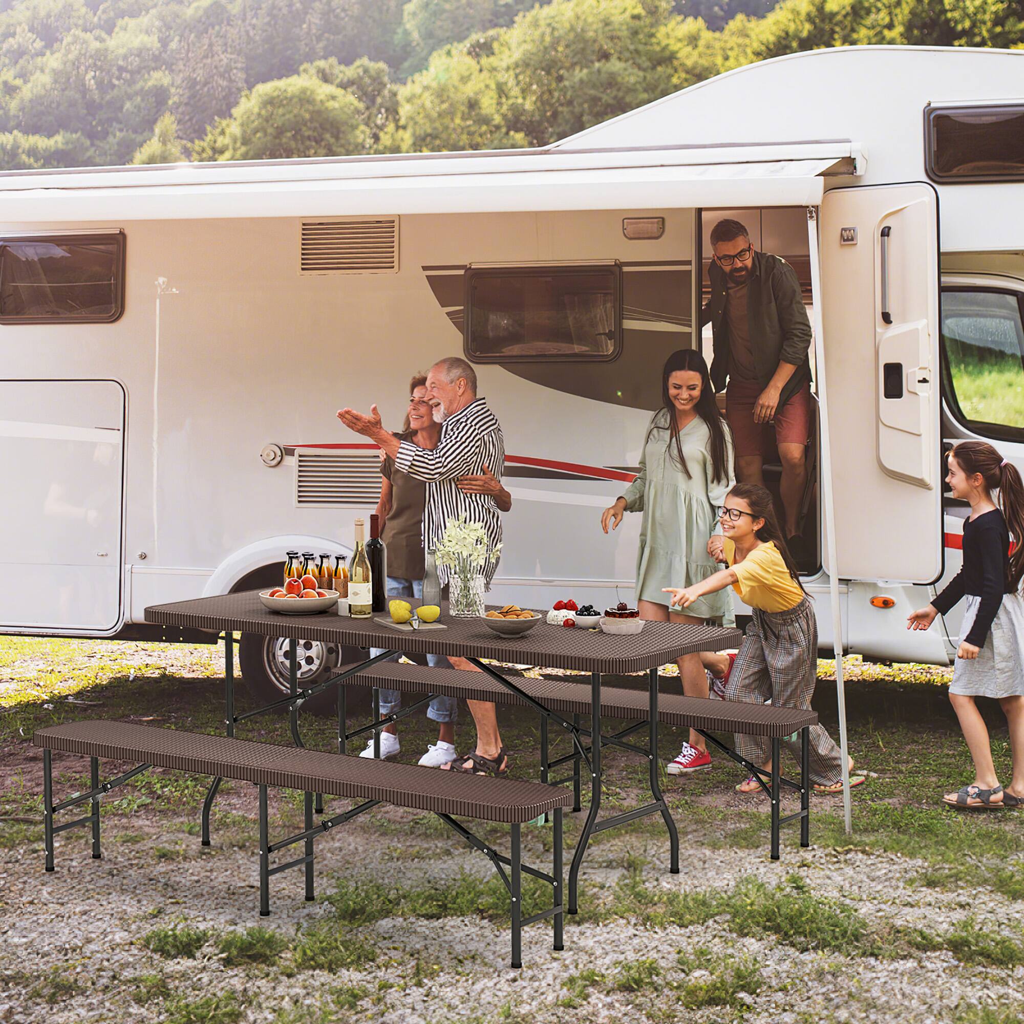 Alt View 4. Gymax - Gymax 3 Piece Folding Picnic Table Set w/ 6 ft Table & 2 Benches for Yard Camping - Coffee.