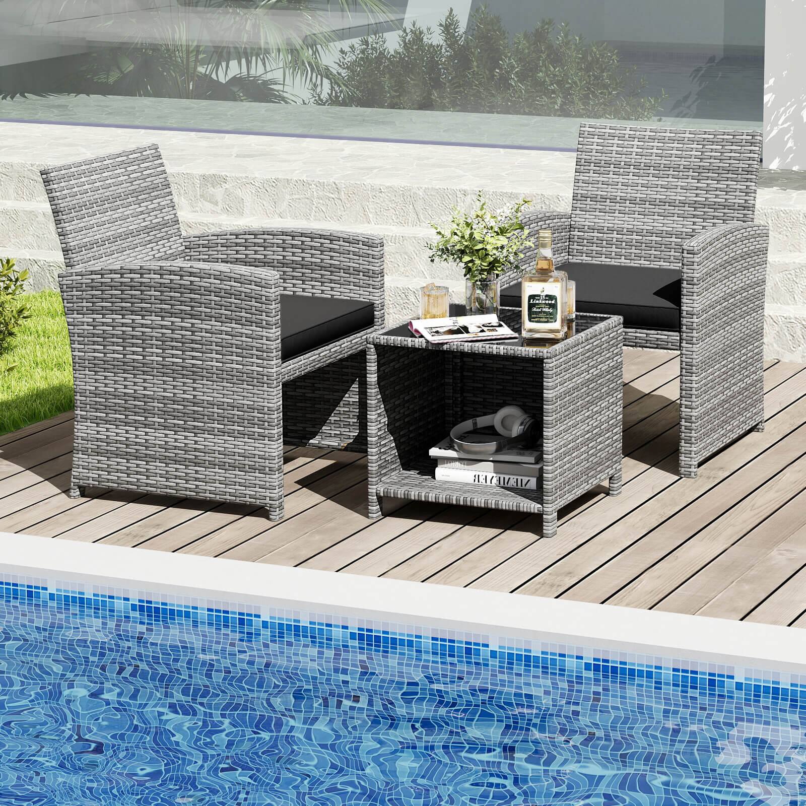 Alt View 4. Costway - Costway 3 PCS Patio Furniture Set with Tempered Glass Coffee Table & Soft Seat Cushions - Black.