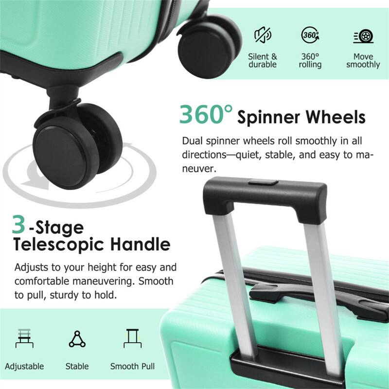 360° Spinner Wheels  
Dual spinner wheels roll smoothly in all directions—quiet, stable, and easy to maneuver.  

3-Stage Telescopic Handle  
Adjusts to your height for easy and comfortable maneuvering. Smooth to pull, sturdy to hold.  

Silent & durable  
360° rolling  
Move smoothly  

Adjustable  
Stable  
Smooth Pull
