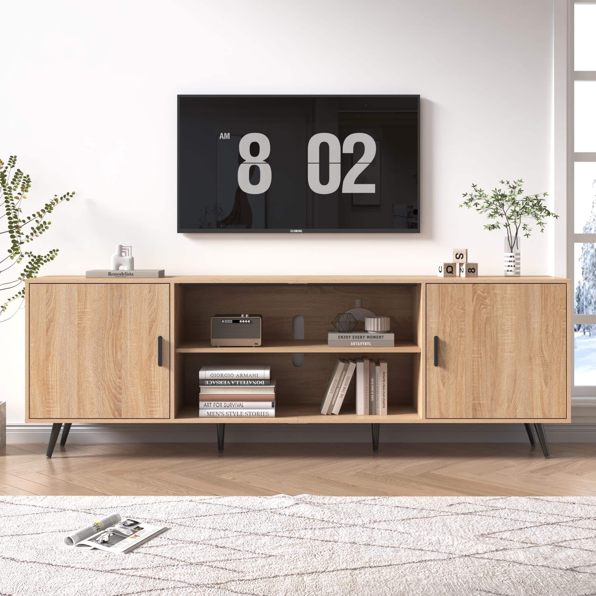 Lent Glitter Wood - 80 Inch Mid Century Modern TV Stand for TVs up to 90 inches, Wood TV Stand with Storage, Entertainment Center for Livin - oak