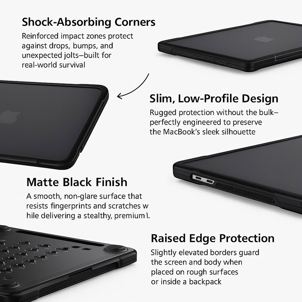 Shock-Absorbing Corners: Reinforced impact zones protect against drops, bumps, and unexpected jolts-built for real-world survival.

Slim, Low-Profile Design: Rugged protection without the bulk- perfectly engineered to preserve the MacBook's sleek silhouette.

Matte Black Finish: A smooth, non-glare surface that resists fingerprints and scratches.

Raised Edge Protection: Slightly elevated borders guard the screen and body when placed on rough surfaces or inside a backpack.
