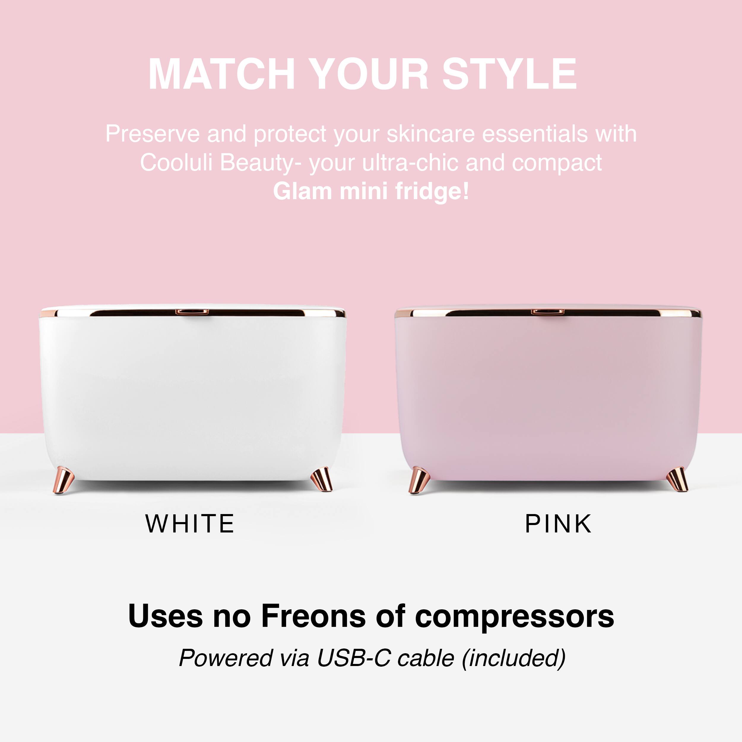 MATCH YOUR STYLE Preserve and protect your skincare essentials with Cooluli Beauty- your ultra-chic and compact Glam mini fridge! White and Pink Uses no Freons of compressors Powered via USB-C cable (included).