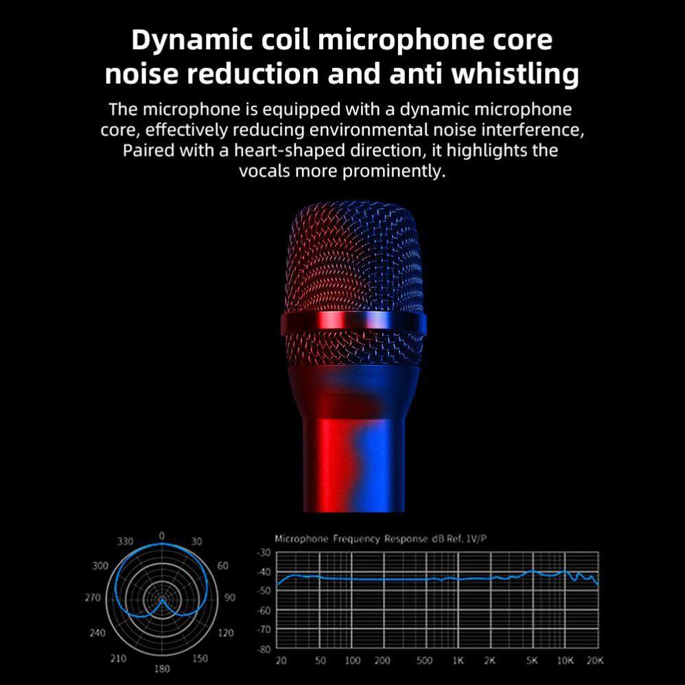 Dynamic coil microphone core noise reduction and anti whistling

The microphone is equipped with a dynamic microphone core, effectively reducing environmental noise interference. Paired with a heart-shaped direction, it highlights the vocals more prominently.

Microphone Frequency Response dB Ref. 1V/P

330 300 0 30 60  
270 90 -30 -40  
240 210 180 150 120 -50 -60  
210 180 150 -70  
20 50 100 200 500 IK 2K SK 10K 20K
