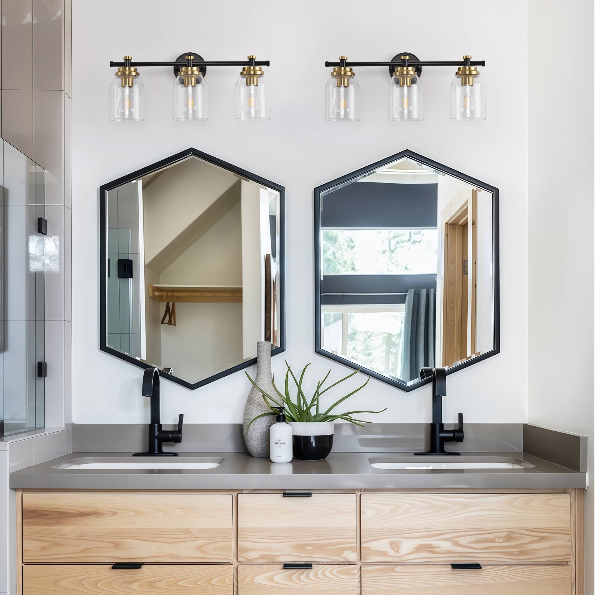 Back. RYHNUYNE - 3-Light Bathroom Light Fixtures Black and Gold Modern Vanity Lights with Clear Glass Shades Bathroom Wall Lamp - Black.