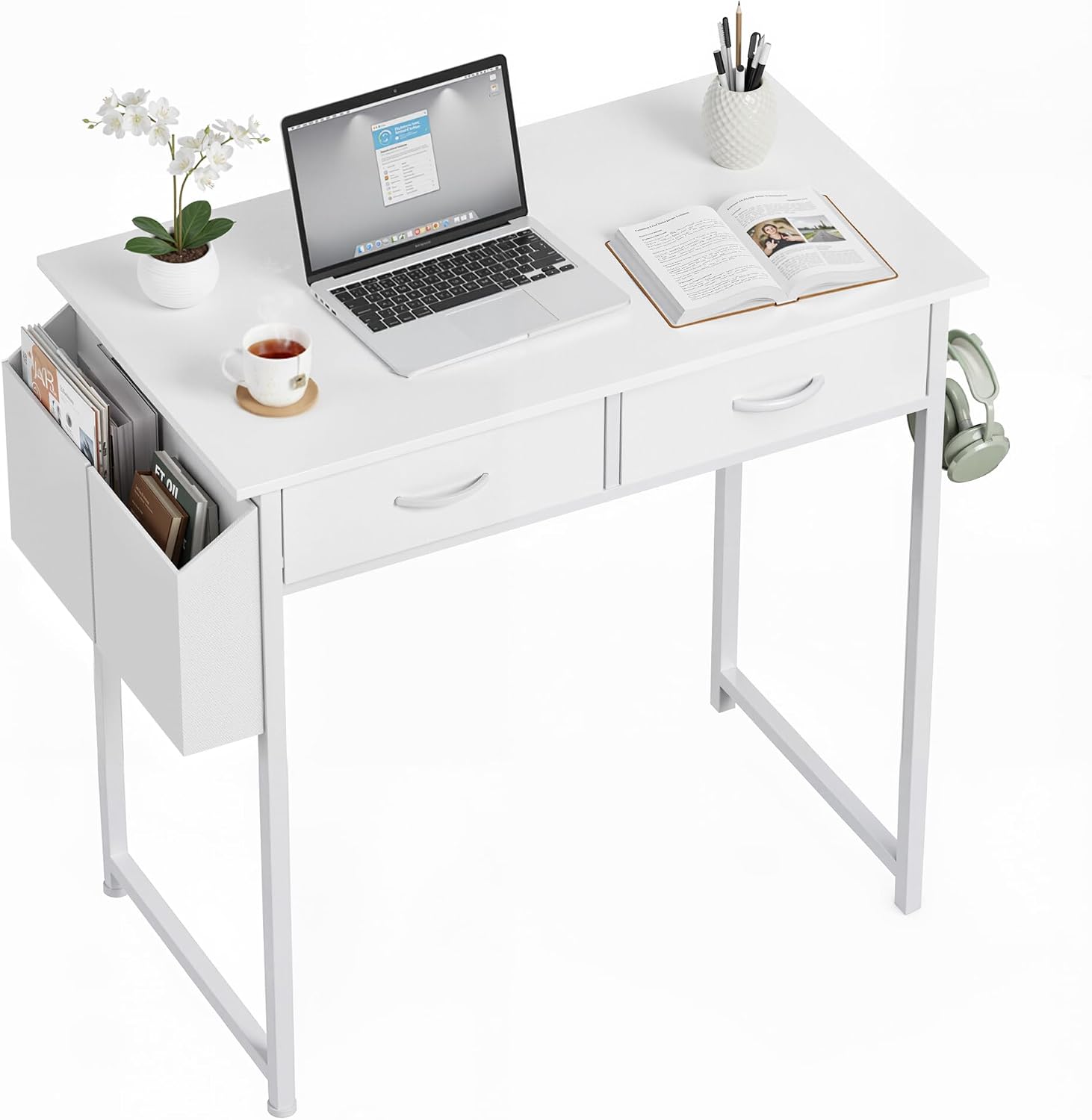 Left. Sweet - 32 Inch Computer Desk with File Drawers Cabinet for Bedroom Study Writing Home Office Table for Small Spaces, White - White.