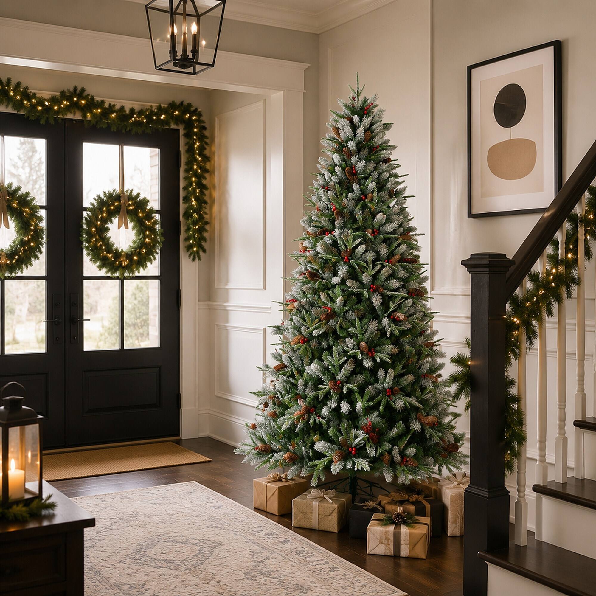 Alt View 2. RYHNUYNE - 9FT Christmas Tree With Red Berries Pine Cones, 3750 Snow-Dusted PE+PVC Branches Hinged Design Sturdy Metal Stand - Green,White.