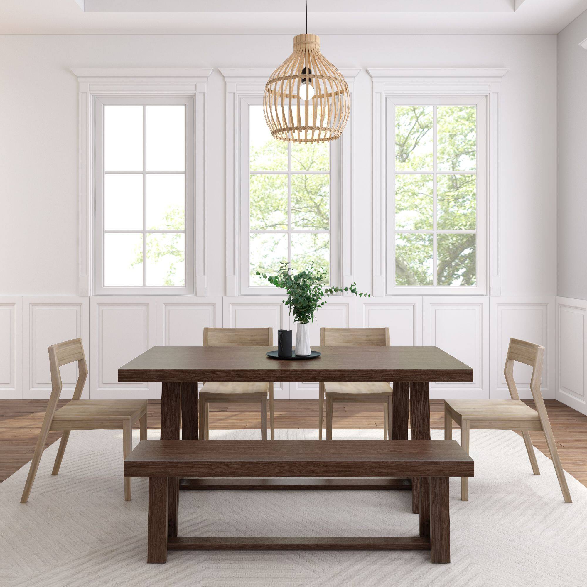 Alt View 1. Plank+Beam - 72" Classic Solid Wood Dining Table Set with Bench, Walnut Wirebrush, + 4 Chairs Blonde - Walnut Wirebrush, Blonde.