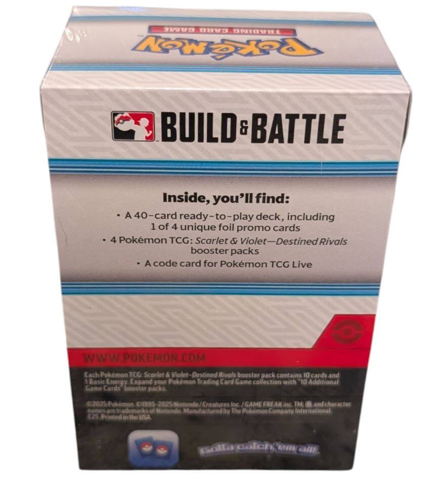**GAME CARD TRADING**

**BUILD & BATTLE**

Inside, you'll find:

- A 40-card ready-to-play deck, including 1 of 4 unique foil promo cards
- 4 Pokémon TCG: Scarlet & Violet—Destined Rivals booster packs
- A code card for Pokémon TCG Live

Each Pokémon TCG: Scarlet & Violet—Destined Rivals booster pack contains 10 cards and 1 Basic Energy. Expand your Pokémon Trading Card Game collection with 10 Additional Game Cards booster packs.

WWW.POKEMON.COM

©2025 Pokémon. ©1995-2025 Nintendo/Creatures Inc./GAME FREAK inc. TM and character design © by The Pokémon Company International. Licensed by The Pokémon Company. Printed in the USA.