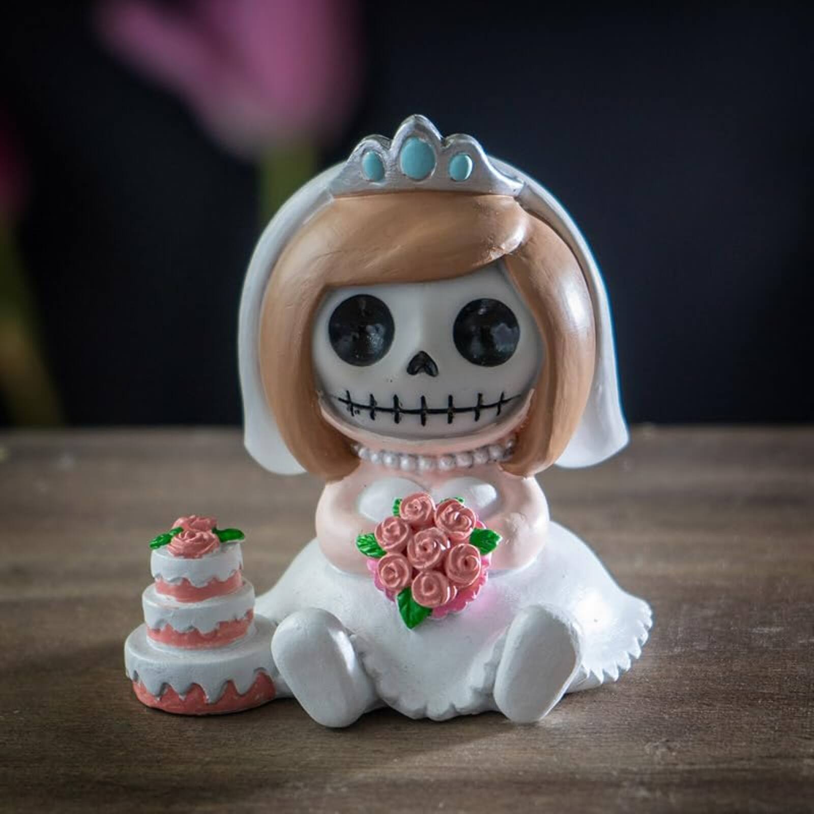 Alt View 2. Pacific Trading - Mrs. Furrybones Figurine Skeleton Bride in Wedding Dress Holding Bouquet with Cake 3.15 Tall - White.