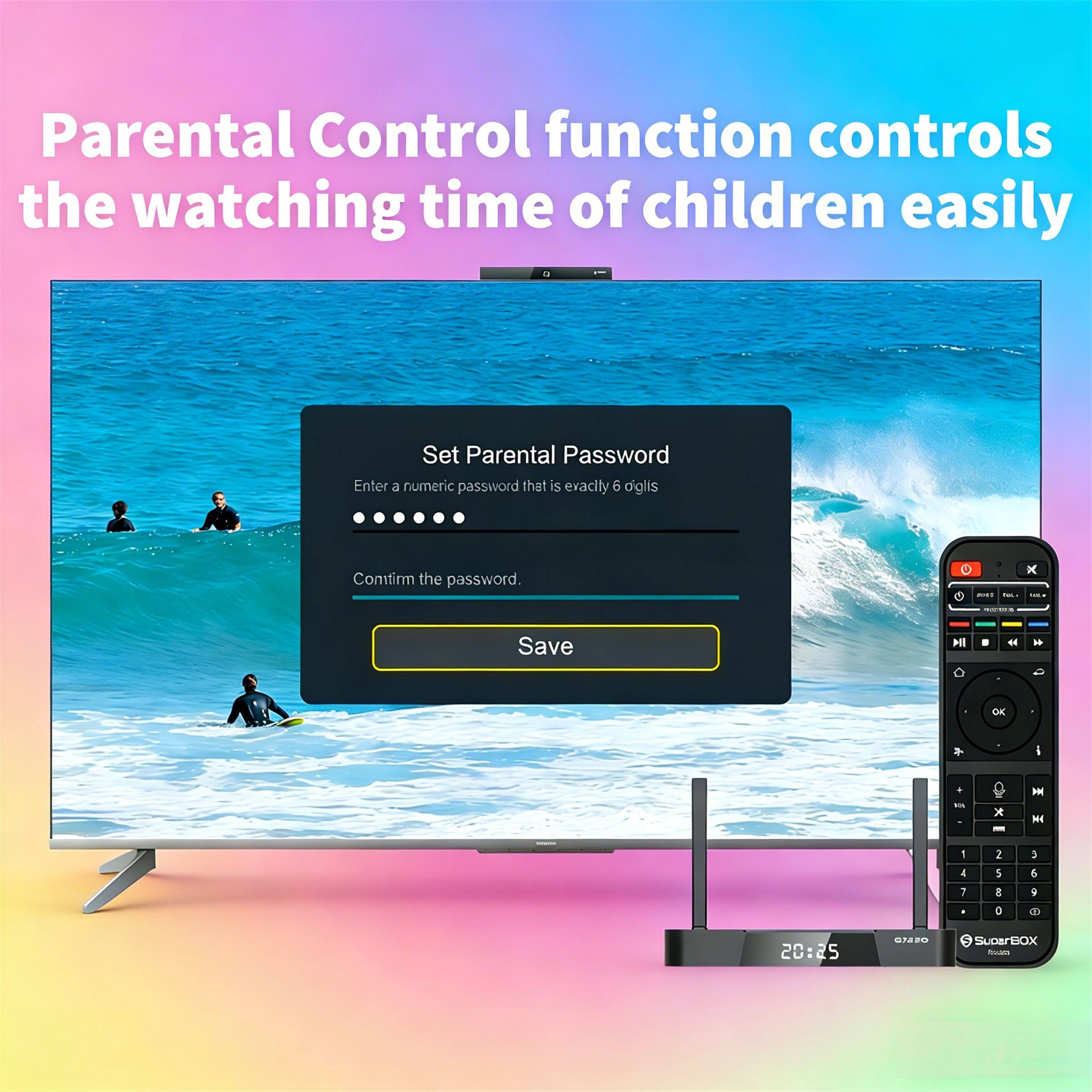 Parental Control function controls the watching time of children easily. Set Parental Password. Enter a numeric password that is exactly 6 digits. Confirm the password. Save.