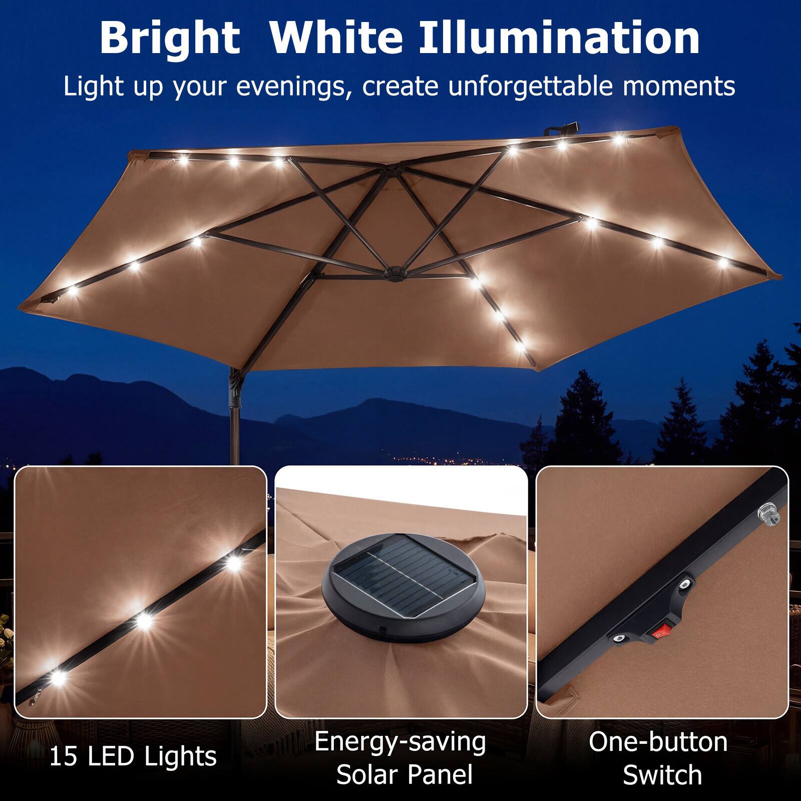 Bright White Illumination  
Light up your evenings, create unforgettable moments  

15 LED Lights  
Energy-saving Solar Panel  
One-button Switch