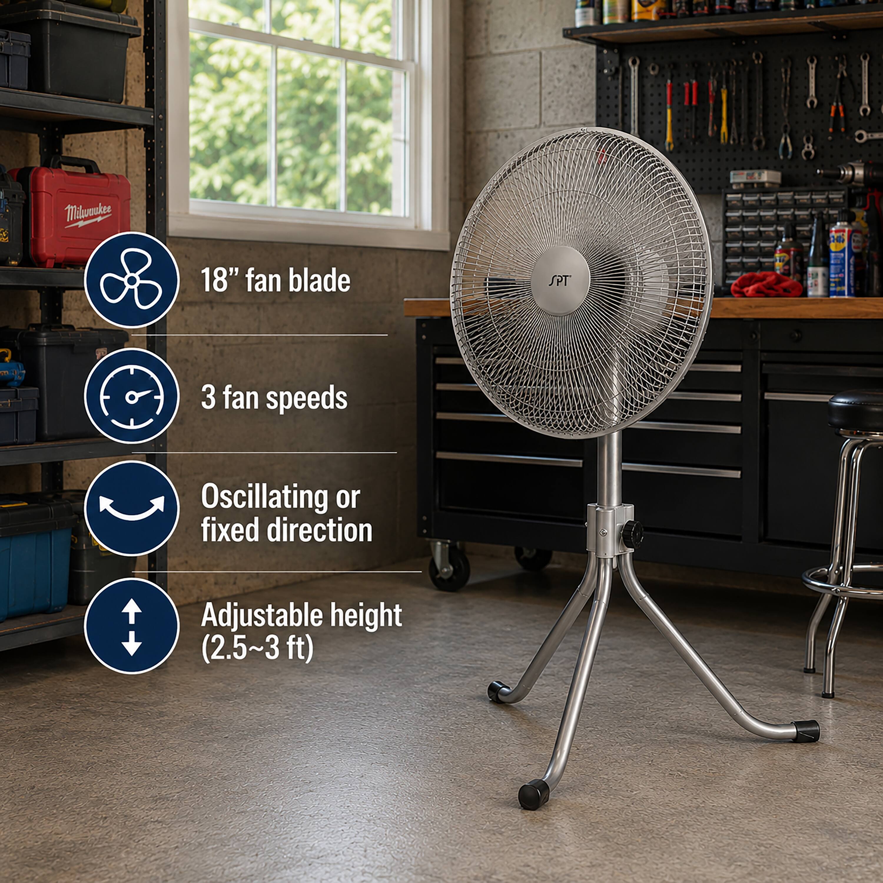 MT de Milwaukee 2 18" fan blade SPT 3 fan speeds Oscillating or fixed direction Adjustable height (2.5~3 ft)