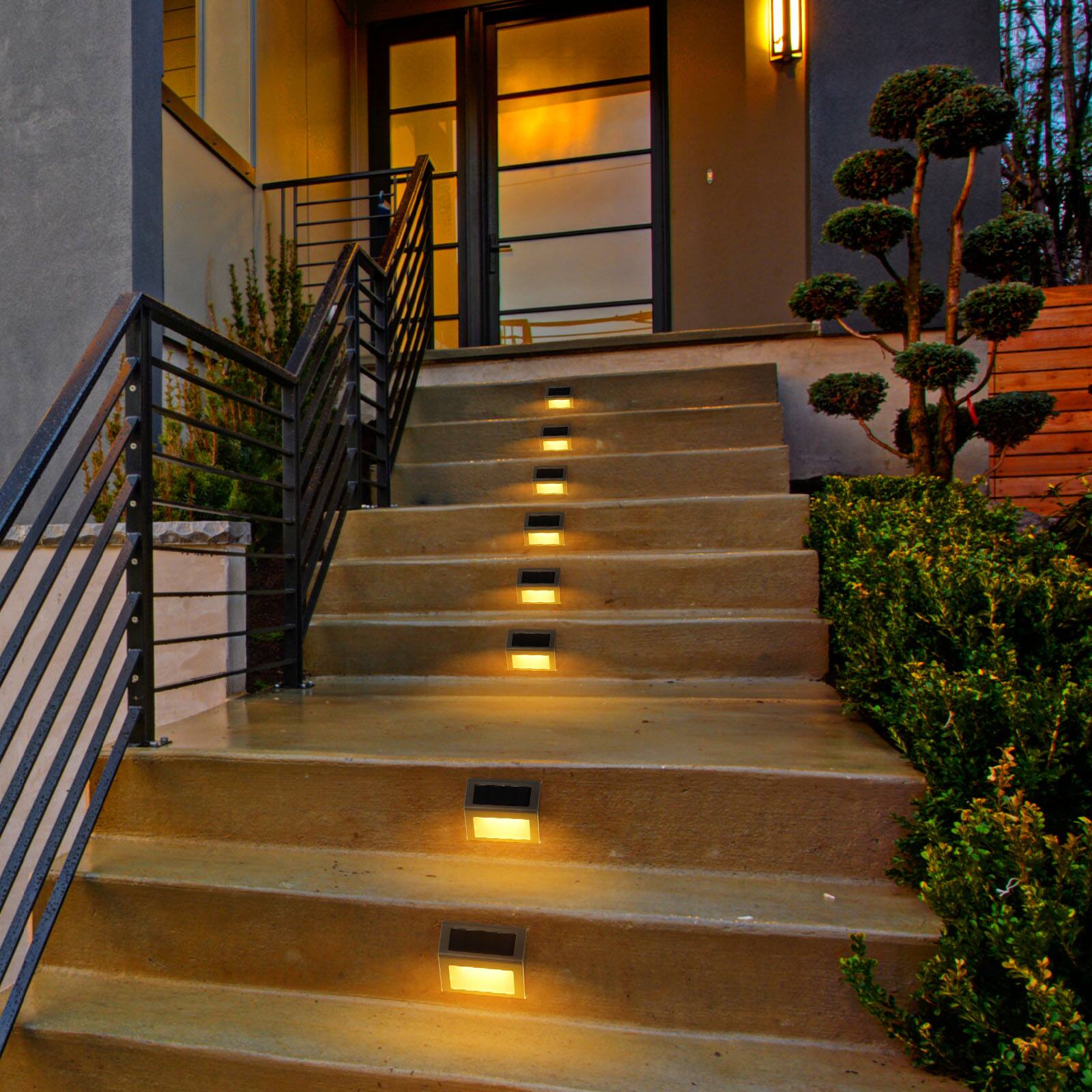 Alt View 2. Oumilen - 8 Pack Stainless Steel Solar Step Lights – Warm White 6-LED Outdoor Stair Deck Lights for Patio Fence.