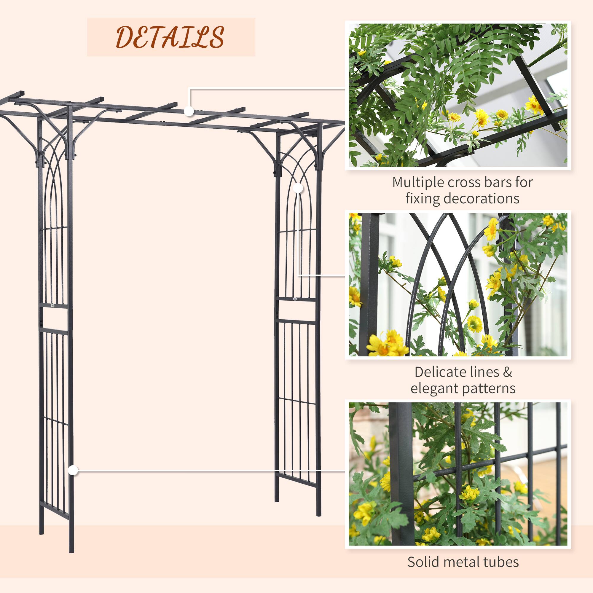 Details:

- Multiple cross bars for fixing decorations
- Delicate lines & elegant patterns
- Solid metal tubes