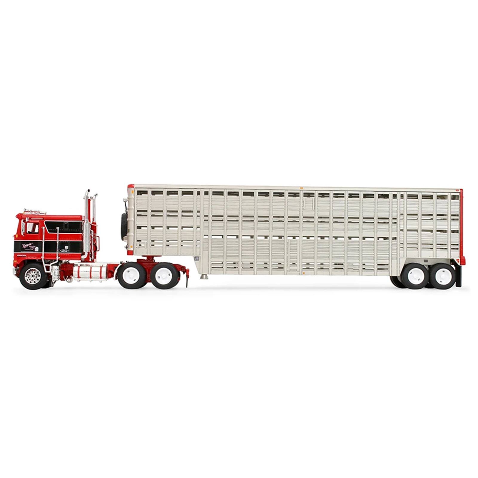 Alt View 2. First Gear - Kenworth K100 COE Flat Top and 45' Wilson Vintage Livestock Trailer Red with Black 1/64 Diecast Model by First Gear.