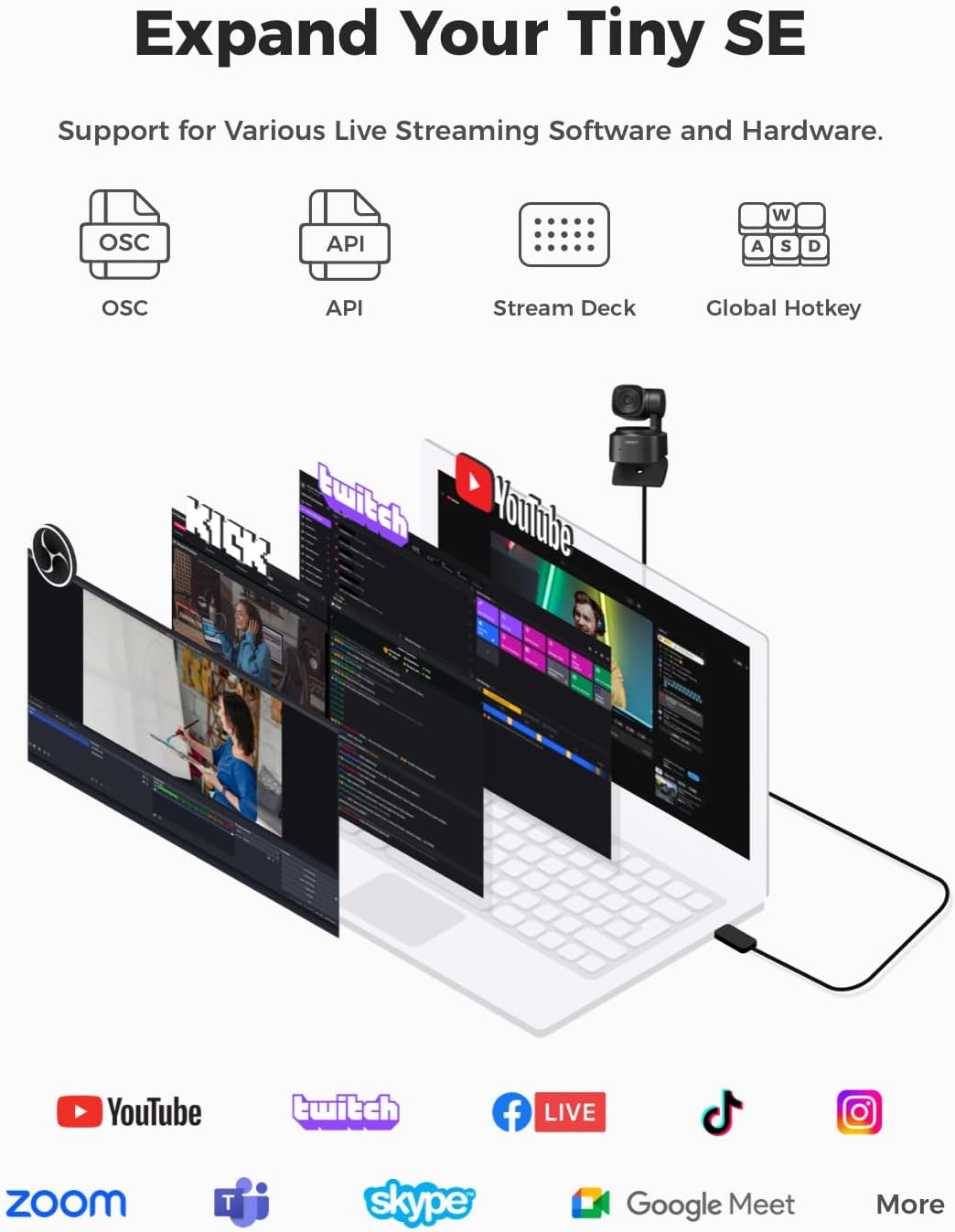 Expand Your Tiny SE  
Support for Various Live Streaming Software and Hardware.  
OSC  
API  
Stream Deck  
Global Hotkey  

YouTube  
twitch  
Facebook LIVE  
TikTok  
Instagram  

zoom  
skype  
Google Meet  
More