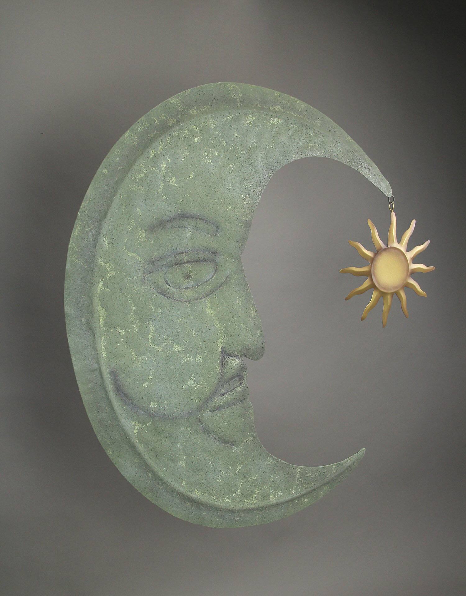 Alt View 2. Zeckos - Weathered Verdigris Green Finish Metal Crescent Moon Wall Hanging W/ Sun Dangler - Green.