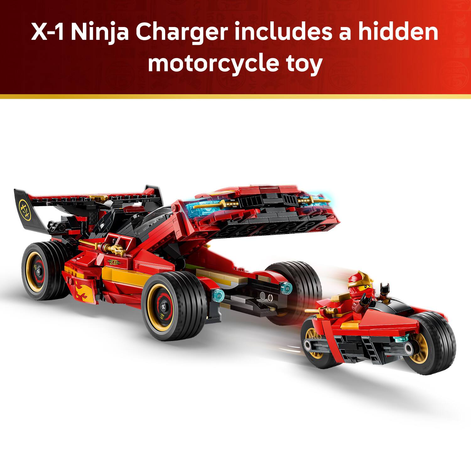 X-1 Ninja Charger includes a hidden motorcycle toy